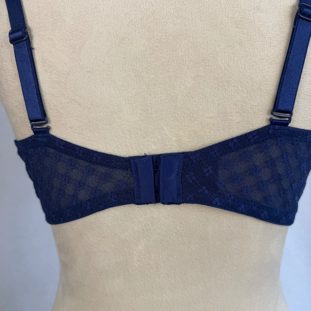 Victorias Secret Lined Perfect Coverage‎ Bra 38C Navy Blue Aqua Floral Lace